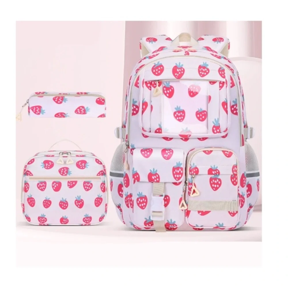 Strawberry print 3-in-1 School Backpack Set, Waterproof Bookbag